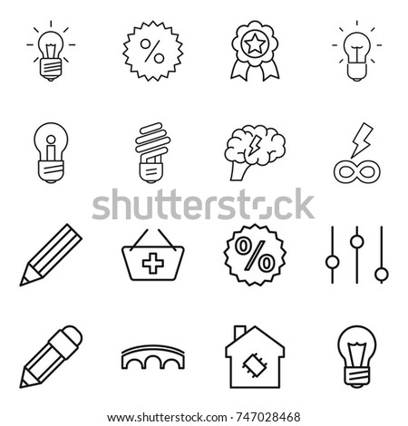 thin line icon set : bulb, percent, medal, brain, infinity power, pencil, add to basket, equalizer, bridge, smart house