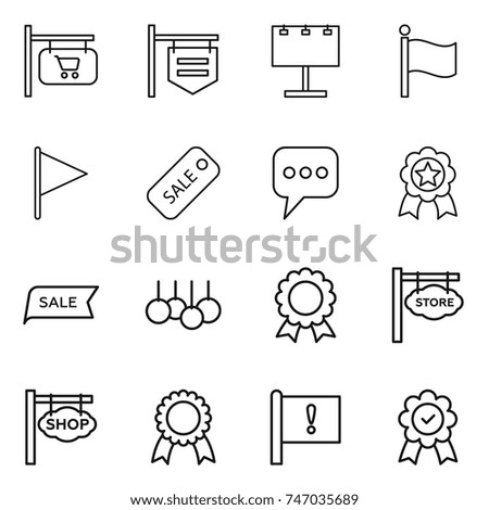 thin line icon set : shop signboard, billboard, flag, sale, message, medal, store, important