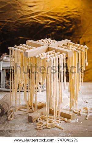 Drying the Home made traditional Italian Tagliatelle paste