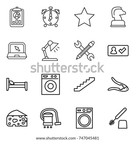 thin line icon set : report, alarm clock, star, chess horse, notebook, table lamp, pencil wrench, check in, bed, washing machine, stairs, walnut crack, cheese, vacuum cleaner, toilet brush