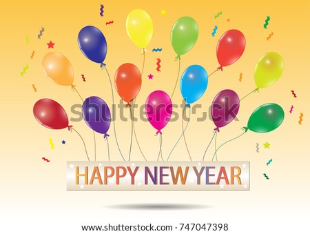 Happy new year hanging on flying colorful balloons, party and new year celebration concept vector illustration