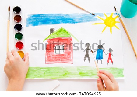 Children's watercolor drawing, dream house, family, car, happiness