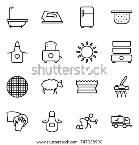 thin line icon set : bath, iron, fridge, colander, apron, toaster, gas oven, double boiler, sieve, sheep, sponge, vacuum cleaner, wiping, home call cleaning