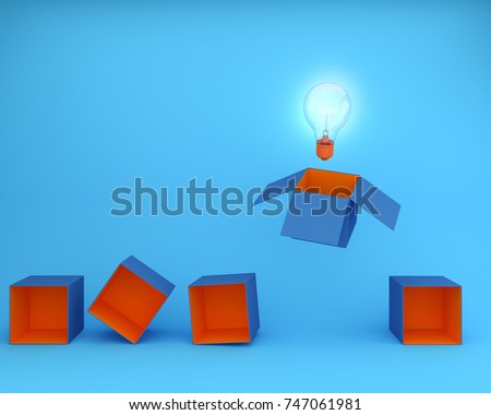 Light bulbs glowing think outside the box on blue background, minimal concept idea.Creative ideas about thought leader that is recognized as an authority in a specialized field and whose expertise.