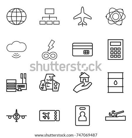 thin line icon set : globe, hierarchy, plane, atom, cloud wireless, infinity power, credit card, calculator, mall, modern architecture, real estate, barrel, ticket, identity, soil cutter