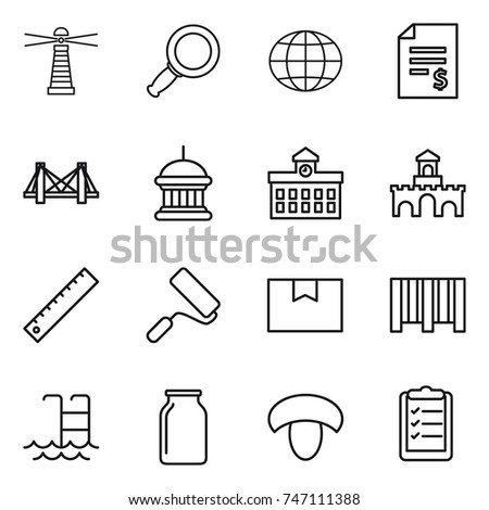 thin line icon set : lighthouse, magnifier, globe, account balance, bridge, goverment house, university, fort, ruler, repair, package box, bar code, pool, bank, mushroom, clipboard list