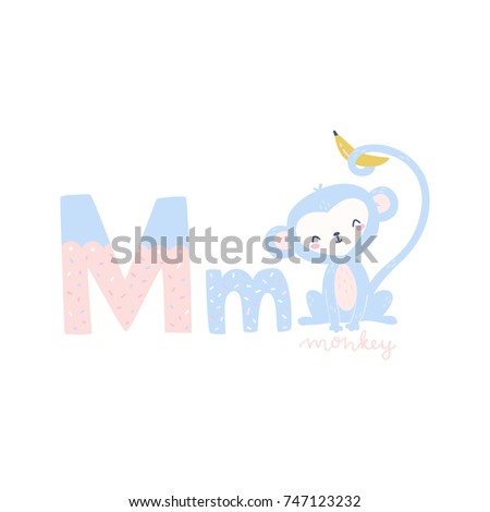 Vector alphabet letter M and monkey