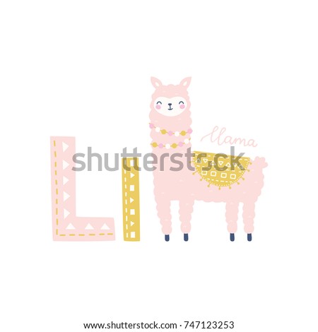 Vector alphabet letter L and llama