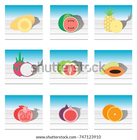 Set of vector icons where different fruits are illustrated: pineapple, watermelon, melon, dragon fruit, grapefruit, papaya, guava, garnet, figs, orange. Shopping basket in grocery shop of heathy goods