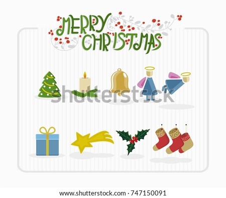 cute collection of Christmas symbols, Christmas tree, angel, candle, socks, comet, gift, bell, holly plant and beautiful text merry Christmas. for holiday design, open and invitation cards