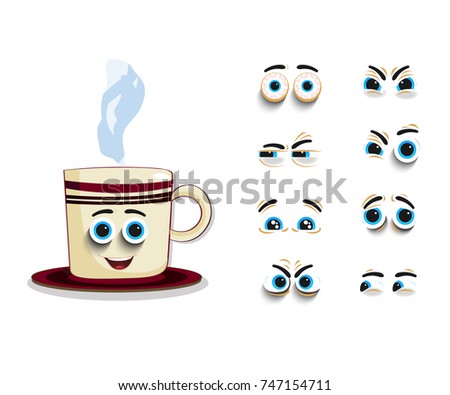 Emoji cup in glasses with eyes set for creation comic character. Cheerful doodle steaming mug with cute cartoon smiling face. Vector illustration, icon, clip art on white background.