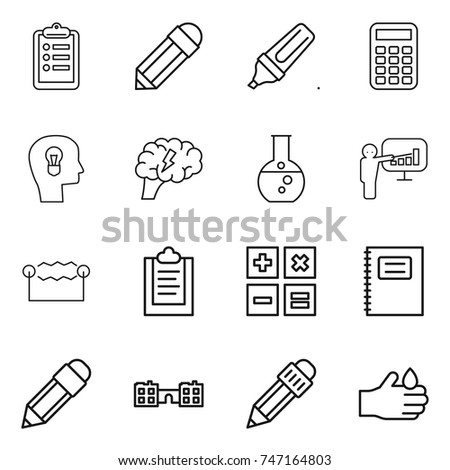 thin line icon set : clipboard, pencil, marker, calculator, bulb head, brain, round flask, presentation, electrostatic, copybook, school, acid