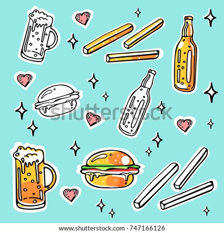Seamless fast food banner in sketched sticker style. Beer, pizza, potato, burger with stars and hearts. Fun and cute elements for promo or menu design. Vector hand drawn illustration EPS 10.