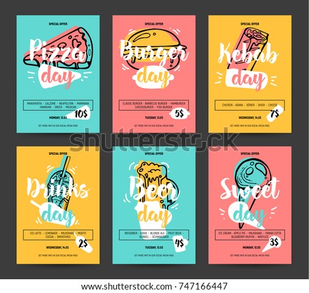 Set of colorful fast food banners. Pizza, burger, kebab, beer, sweet, drinks day promotion. Business offer for banner, poster, flyer and other promo. Cute and fun sketch sticker style. 