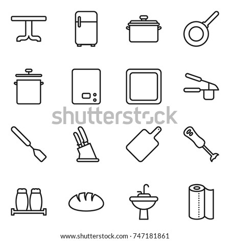 thin line icon set : table, fridge, pan, kitchen scales, cutting board, garlic clasp, spatula, knife holder, blender, salt pepper, bread, water tap sink, paper towel