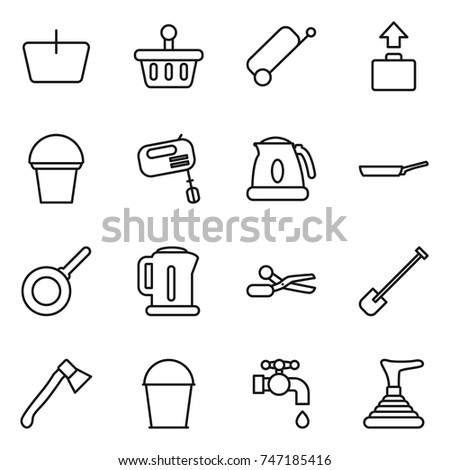 thin line icon set : basket, suitcase, baggage, bucket, mixer, kettle, pan, scissors, shovel, axe, water tap, plunger