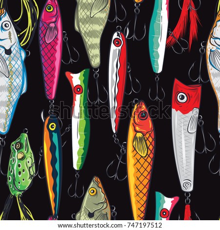 Pop and Colorful Fishing Lures seamless pattern