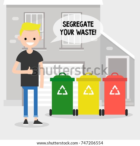 Segregate your waste. Eco friendly behaviour. Conceptual illustration. Young character standing on the backyard of his house / flat editable vector illustration, clip art