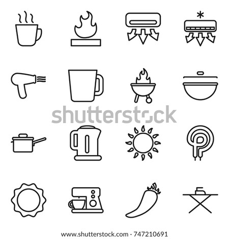 thin line icon set : hot drink, flammable, air conditioning, hair dryer, cup, bbq, cauldron, saute pan, kettle, gas oven, elecric, induction, coffee maker, pepper, iron board