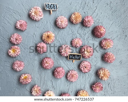 hello 2018. 2018 chalkboard with pink chrysanthemum on grey cement background. 