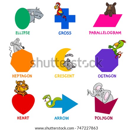 Educational Cartoon Vector Illustration of Basic Geometric Shapes with Captions and Animal Characters for Kids