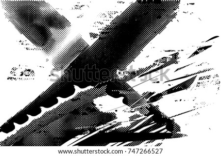 Print distress background in black and white texture with spots, scratches, spikes and lines. Abstract vector illustration