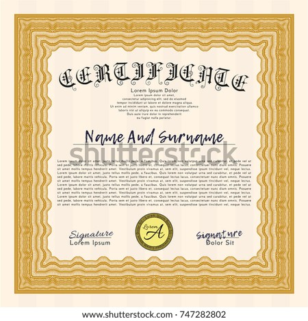Orange Certificate template. Lovely design. Detailed. With guilloche pattern. 