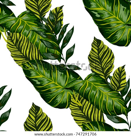 Watercolor seamless pattern with tropical leaves: palms, monstera, passion fruit. Beautiful allover print with hand drawn exotic plants. Swimwear botanical design. Vector.