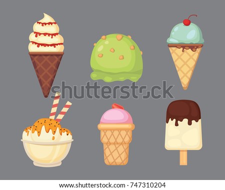 Collection of vector cartoon ice cream illustrations. Summer food.