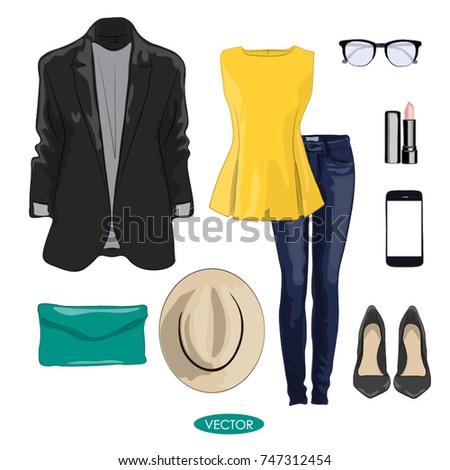 Casual spring outfit set for girl. Stylish and trendy clothing set for fashion magazine. Blouse, jeans, jacket, hat and accessories - Vector Illustration