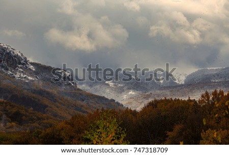 Crimea, Russia - November 1, 2017: Snow in the mountains. View from the village Sokolinoe.