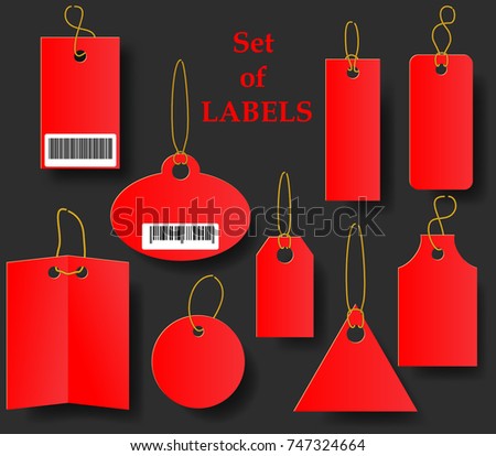 Set of red tags with Golden rope. Collection of labels of various shapes on a black background. Abstract Barcode does not contain links to products and websites. Vector illustration.