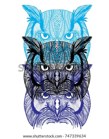 The head of an owl. Beautiful owl. Meditative coloring of antistress. Arrows, strips, scales, lines. Logo, print on the shirt