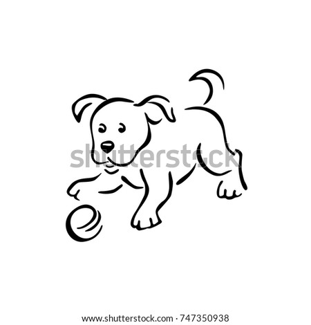 black contour of a cute running puppy playing with a ball isolated on a white background vector illustration