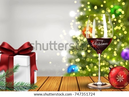 Vector illustration of Christmas wine glass with gift boxes and christmas ball on light bokeh background