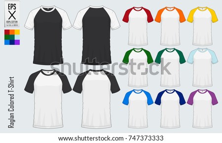 Baseball t-shirt. Raglan round neck t-shirts templates. Set of colored sleeve jersey mockup in front view and back view for baseball, soccer, football , sportswear or casual wear. Vector illustration.