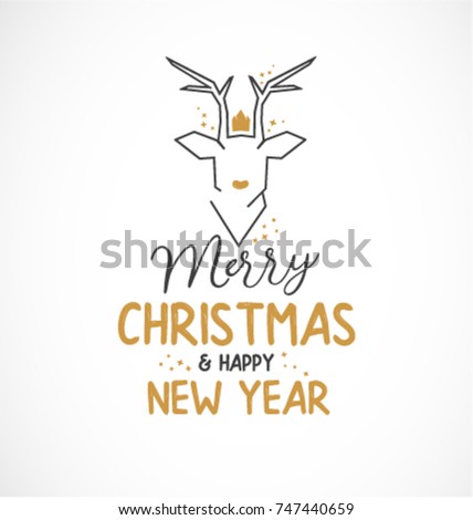 Calligraphic Christmas Greeting Card Design Element with Modern Minimal Reindeer with Crown and Sparkles 