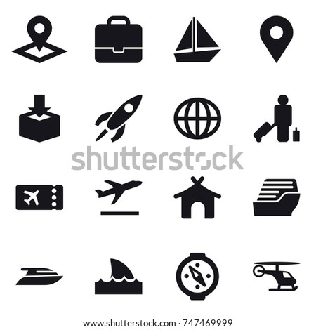 16 vector icon set : pointer, portfolio, boat, globe, passenger, ticket, departure, bungalow, cruise ship, yacht, shark flipper, compass