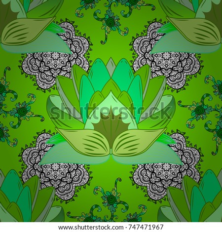 Watercolor seamless pattern. Floral print. Flowers on green, black and white colors in watercolor style.