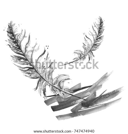 Bird feather - drawing by watercolor on isolated white background.
Ink, pen, watercolor paint splash, ink. Logo, illustration, postcard. isolated. Beautiful composition. Lightness, wind, airiness