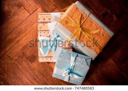 present boxes vintage style. Selective focus. Copy space. Holiday concept. Surprise moments. Happy time