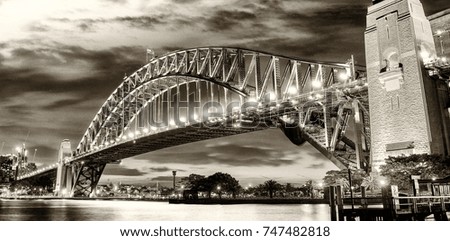 Stunning night skyline of Sydney, NSW. Black and white view.