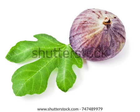 Fresh fig on a green fig leaf isolated on white background. Top view.