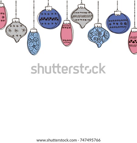 Banner with row of hanging Christmas Baubles isolated on a white background. Outline vector illustration of border with hand drawn ball. Good for party posters, cards, website headers