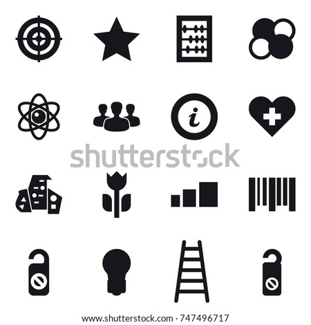 16 vector icon set : target, star, abacus, atom core, atom, group, info, modern architecture, do not distrub, bulb, stairs