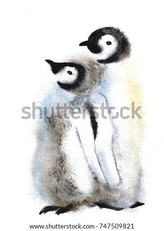 Cute Penguin family. Wild polar animal isolated on white background. Winter Artic character. Baby with mother. Watercolor Bird design. Hand drawn illustration.