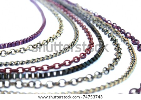 Necklace with colorful chains isolated on white background.