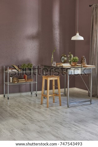 metal dining table and interior design colored wall