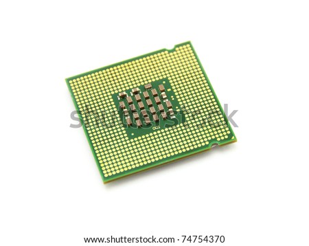 The computer the processor on a white background is isolated gold color with a microcircuit