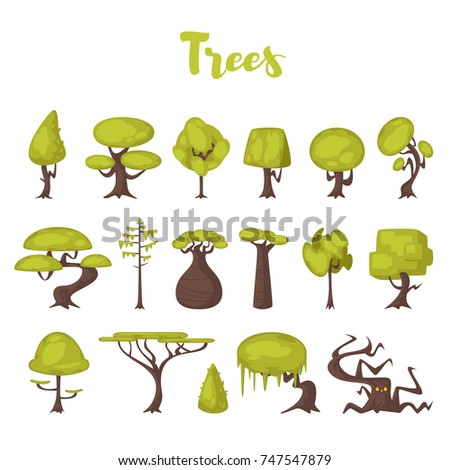 Vector cartoon style set of various trees for game backgrounds. Isolated on white background.